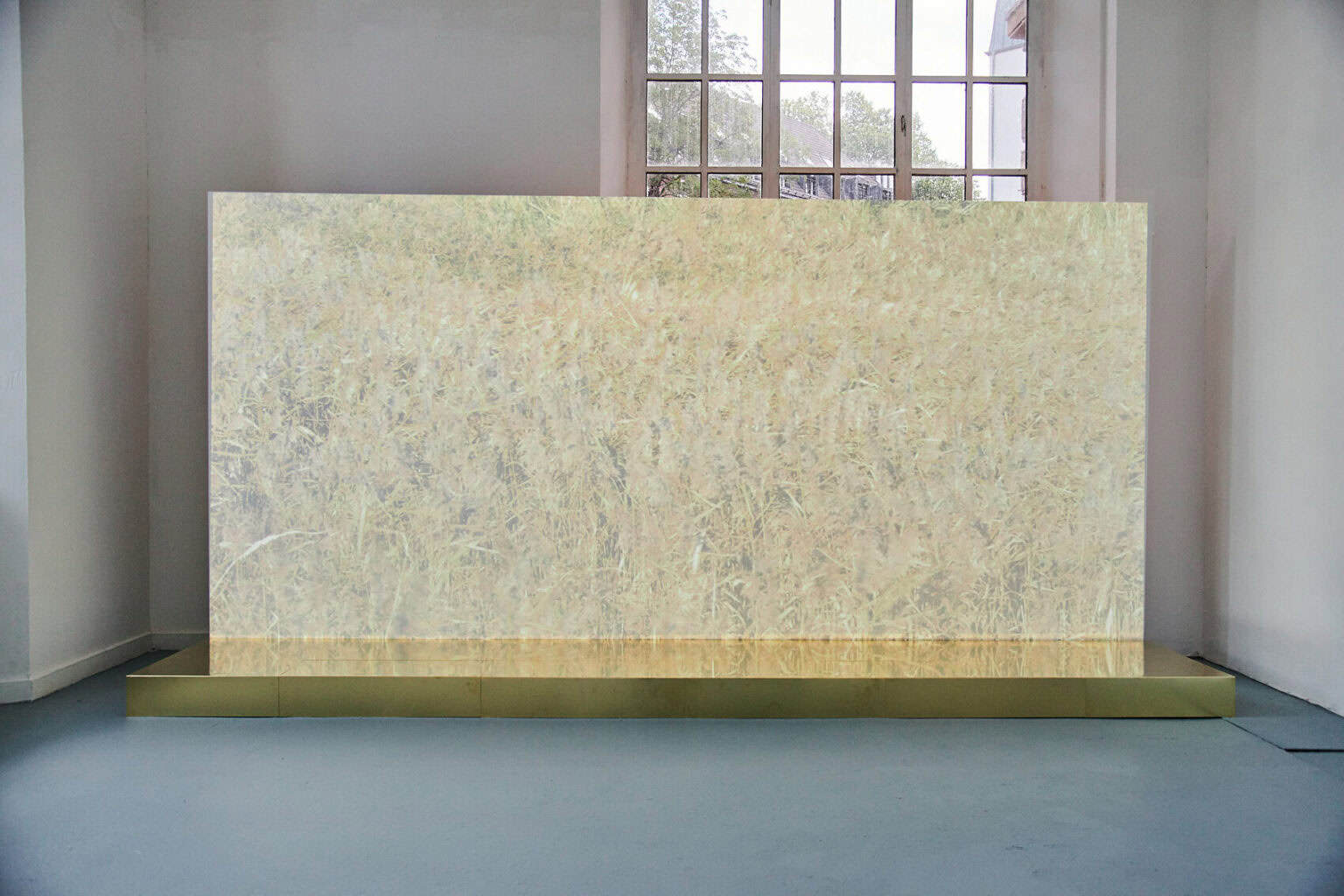 Foto: Ein Raum mit weißen Wänden, grauem Boden und einem Fenster. Im Raum befindet sich ein großes, flächiges Objekt, dass beinahe so breit ist wie der Raum. Es verdeckt Teile des Fensters.