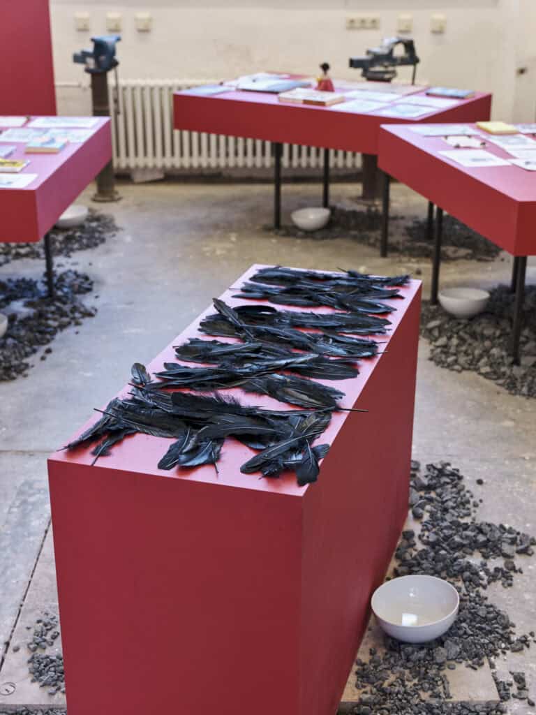 Foto: Ansicht eines Raumes mit hellen Wänden, einem Fenster und gräulichem Boden. Auf dem Boden des Raumes befinden sich graue Steine und weiße, leere Schüsseln. Im Raum stehen Tische mit roten, tiefen Tischplatten und ein rotes Podest. Auf dem Podest liegen schwarze Federn. Auf den unscharf zu erkennenden Tischen liegen verschiedene Objekte, Zettel und Bücher.