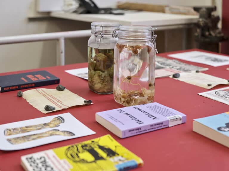 Foto: Nahaufnahme von Büchern, Zetteln, gefüllten Einmachgläsern und Objekten auf einer roten Oberfläche. Auf einem der Bücher, mit einem Lilianen Einband, steht "Heimat ist Alptraum".