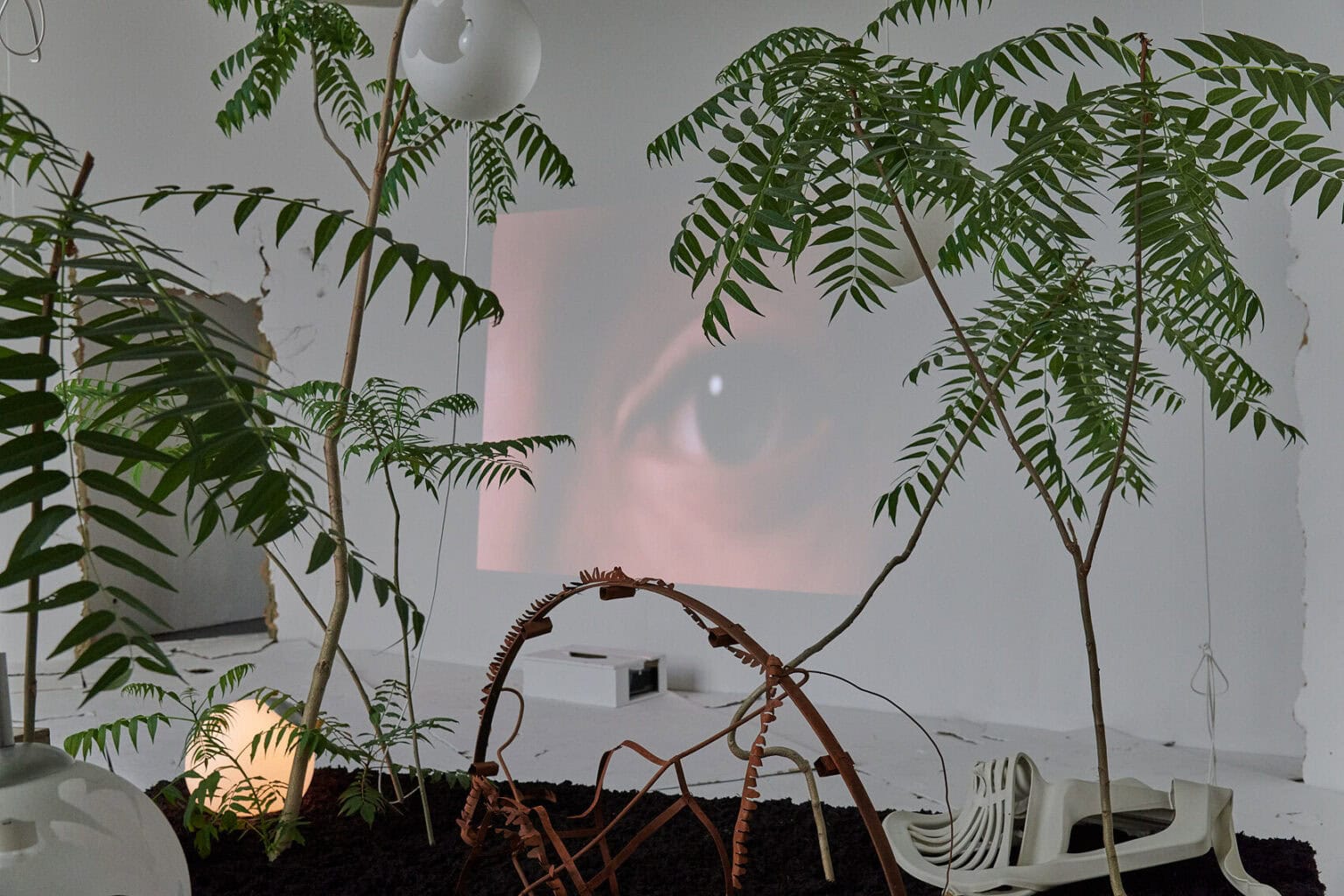Foto: Ein Raum mit weißen Wänden und rahmenlosem Durchbruch in der Größe einer Tür. Die Wand um die Türöffnung ist rissig. Im Raum befindet sich eine Konstruktion auf verschiedenen Materialien, darunter Schüre, Lampen und Pflanzen in Erde. An die Wand wird eine Projektion geworfen. Der Boden des Raumes ist mit verschieden großen, hellen Platten bedeckt, die zum Teil übereinander liegen und eine unebene, rissige Oberfläche erzeugen.
