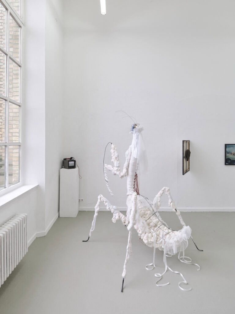 Foto: Aufnahme eines Raumes mit weißen Wänden und grauem Boden, links ein Fenster. An den Wänden, und im Raum befinden sich Objekte.