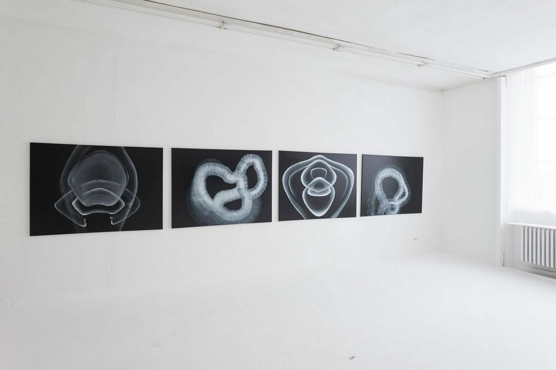 Foto: Ein Raum mit weißen Wänden und weißem Boden. An der Wand befinden sich vier flache Objekte, in gleichem Format, auf gleicher Höhe und im gleichen Abstand zueinander hängend.